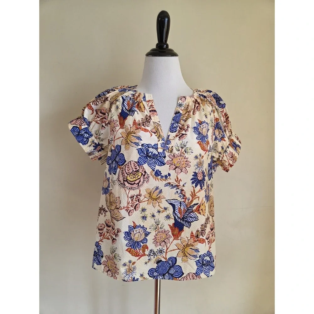 Ulla Johnson Naomi‎ Top Cotton Floral Cream Red Blue Ruched Sleeve Blouse Size 2